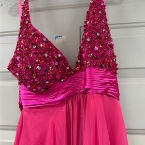 Hot Pink Beaded V-Neck Evening Dress